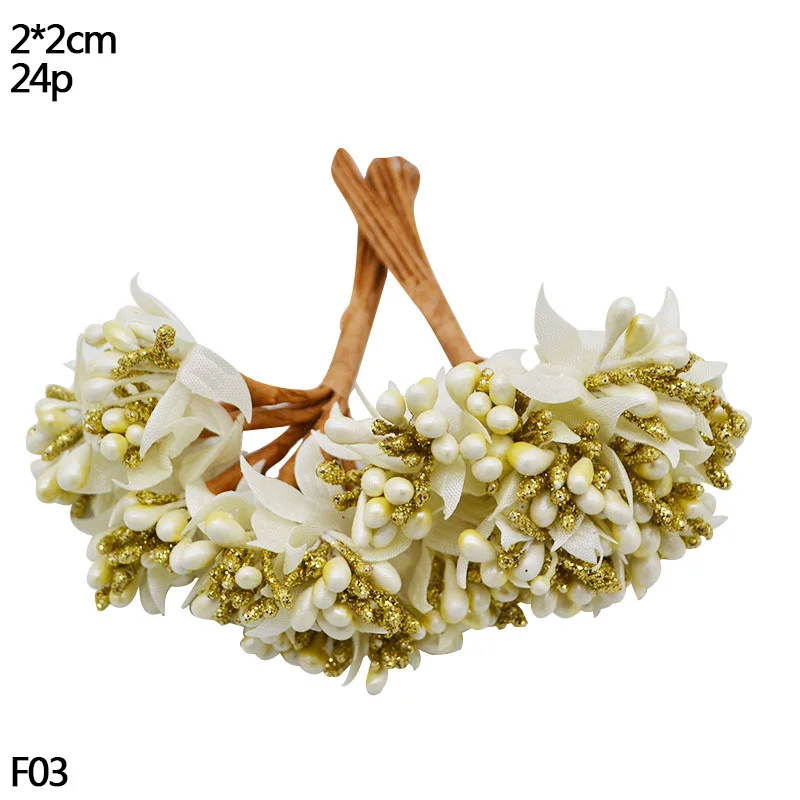 F03-24pcs gold Золотой мини пластиковый искусственный цветок, тычинки, ягоды вишни, сделай сам, Рождественский свадебный венок, ремесло, искусственный цветок, украшение для дома - Цвет: F03-24pcs gold