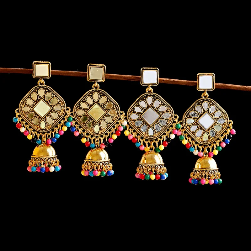 Цыганские серьги с жемчужинами и кисточками в индийском стиле Jhumka для женщин, богемные Ретро Золотые Зеркальные колокольчики, тибетские сережки oorbellen