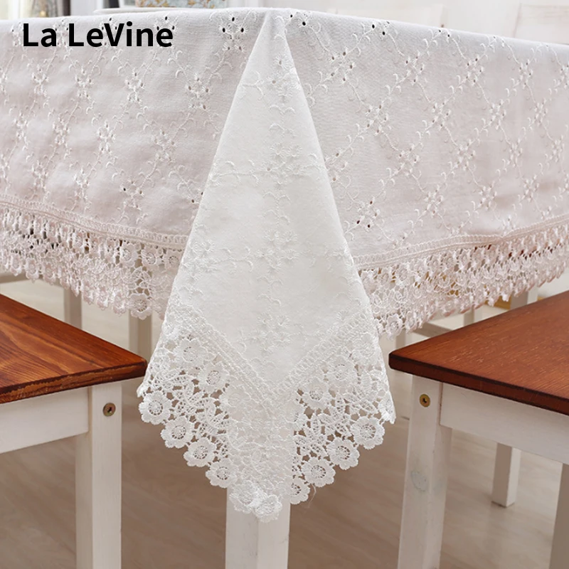 

Flower Simple Cotton Embroidered Rectangular Coffee Table Cloth Pure Color Tablecloth Beige Cover Towel Pastoral Table Cloth 1Pc