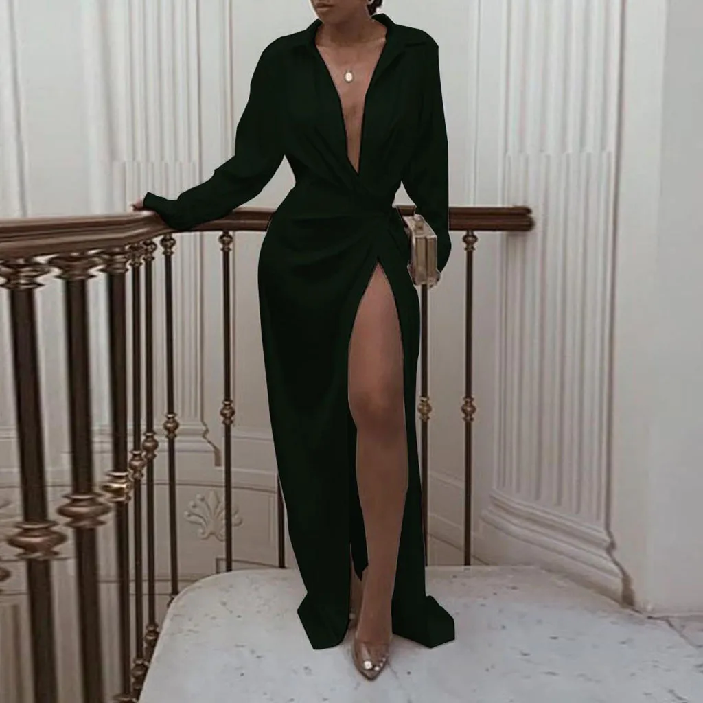 Женское сексуальное тонкое платье сплошной цвет глубокий v-образный вырез с