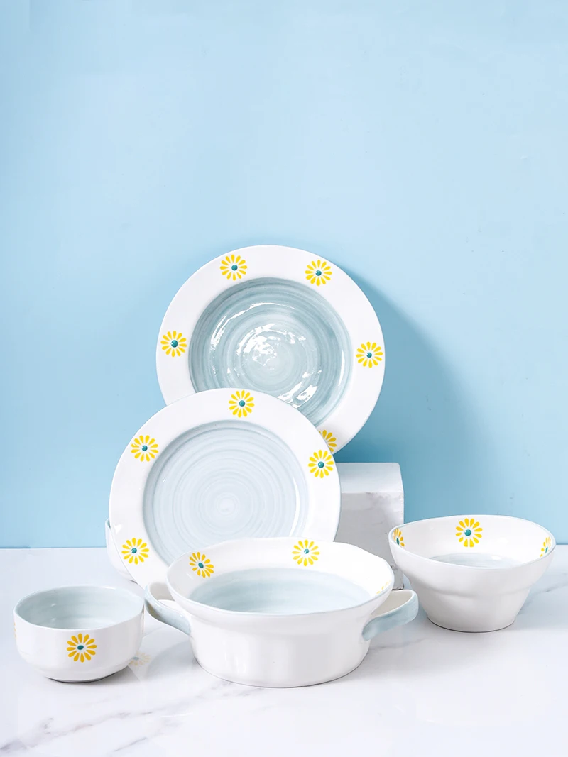 

Emboss Daisy Ceramic Dinnerware Hand Painted Crokery Steak Plate Rice Bowl Binaural Soup Pot Pasta Dish