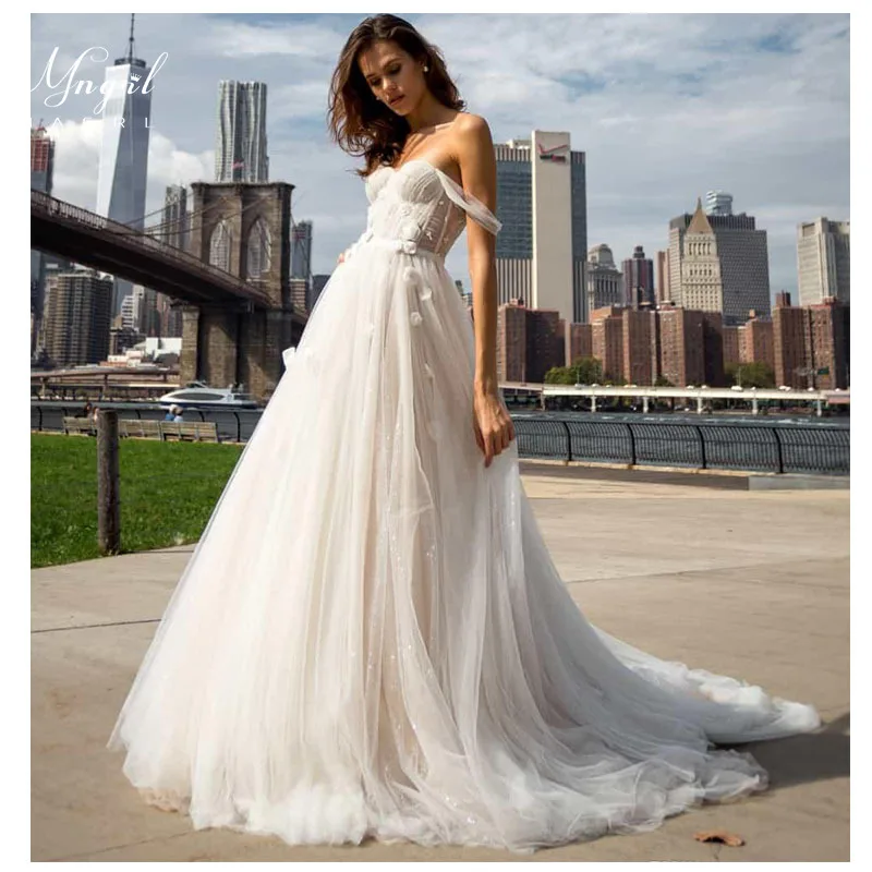 

MNGRL Wedding Dress One-Shoulder Luxury White Lace 3D Flower Wedding Gown Fluffy Skirt Backless Plus Size Bridal Dresses