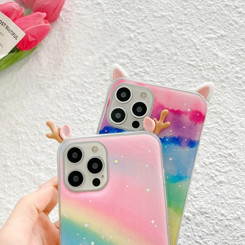 cute cat ear phone case for oppo reno 5 4 k z f f19 f17 f11 pro find x3 x2 neo lite silicone antlers rainbow back cover free global shipping