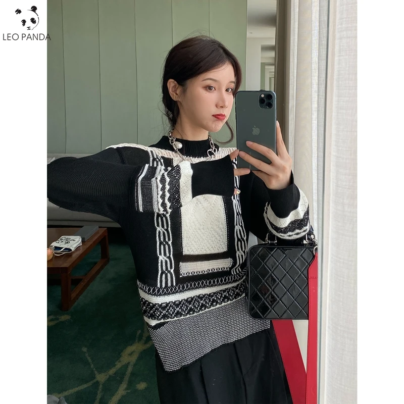 

Women Splicing Geometric Black Knitted Sweater Women Casual Houndstooth Lady Pullover Sweater Female Autumn Winter Retro Jumper