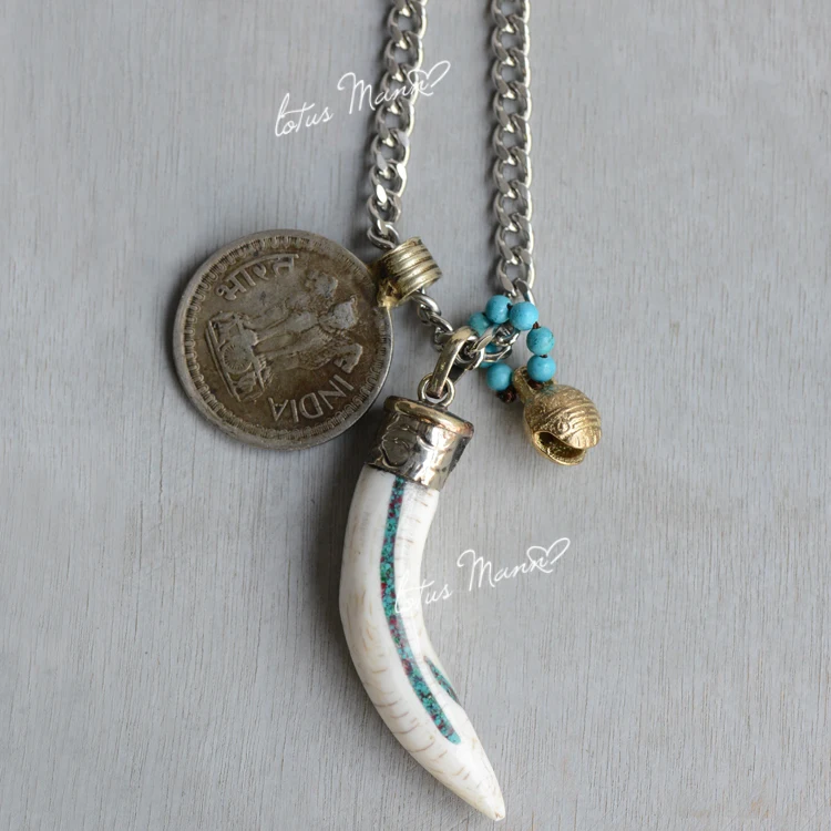 Длинное ожерелье с лотосом манном старинная монета когтями орла белая Бирюза |
