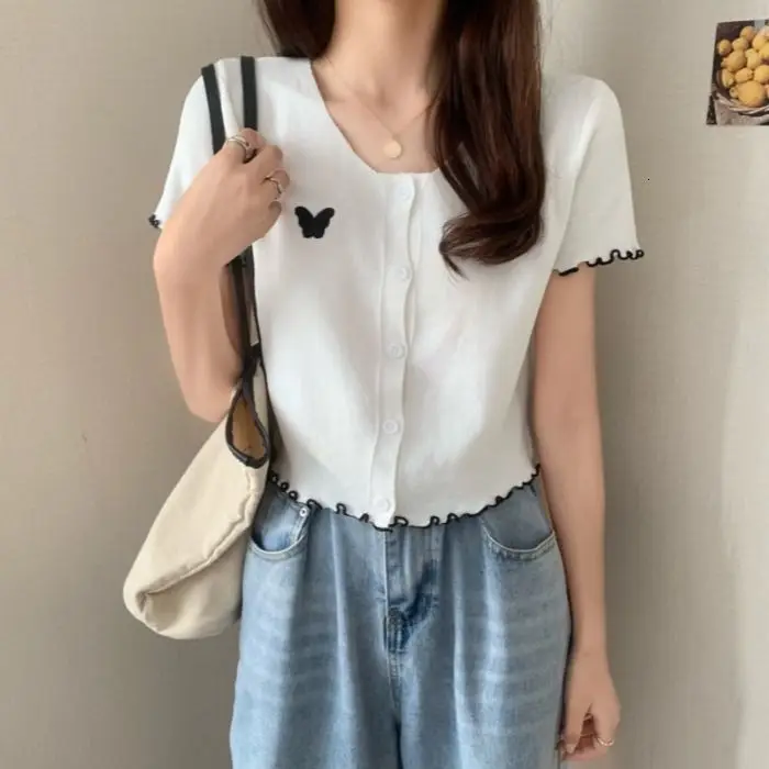 

Summer new versatile short sleeve T-shirt embroidery cardigan a220 p35