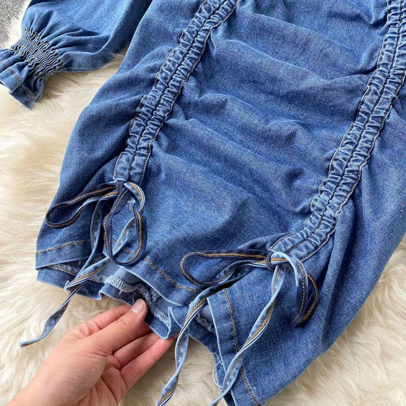 

Autumn Women Casual Jeans Dress 2020 Fashion Streetwear Vintage Double Drawstring Long Sleeve Ruched Bodycon Mini Dress Vestidos