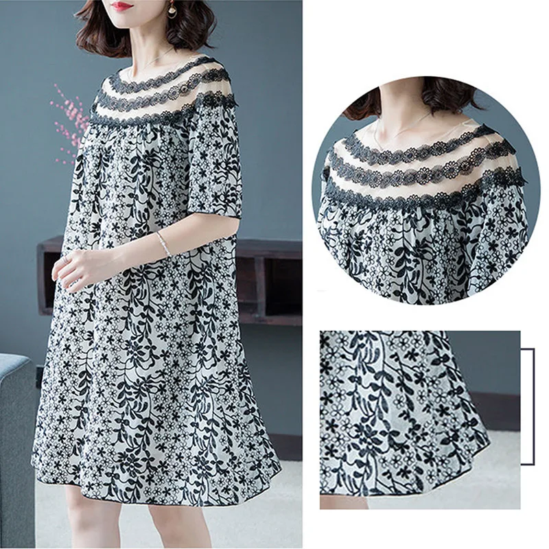 Женское винтажное мини платье с цветочным принтом круглым вырезом и рукавом