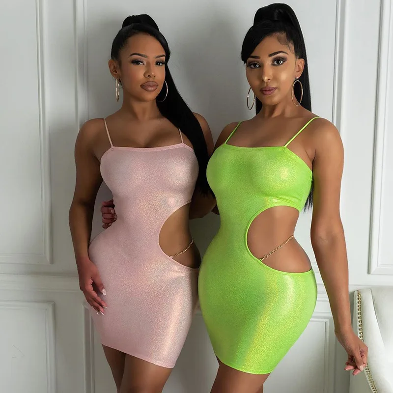 

Women Bodycon Midi Dress Sexy Club Party Spaghetti Strap Cut Out Waist Chain Patchwork Pencil Mini Dresses 2021 New