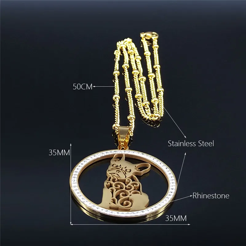 

French Bulldog Crystal Stainless Steel Charm Necklaces Women Gold Color Animal Necklace Jewelry cadenas de acero inoxidab NXS03