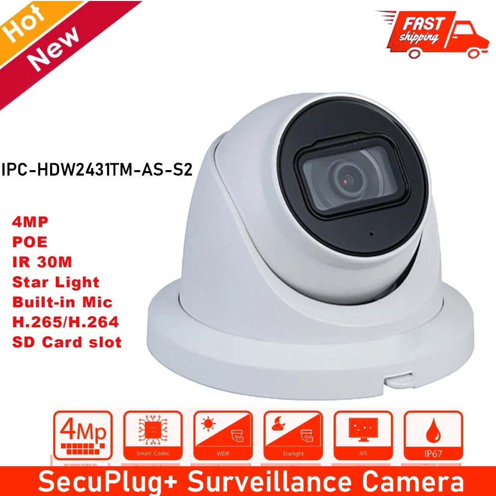 

Original HDW2431TM-AS 4MP HD POE Built in MiC SD Card Slot H.265 IP67 30M IR Starlight IVS Upgradeable For Dahua Dome IP Camera