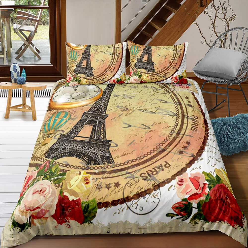 

Modern Eiffel Tower Printed Bedding Set 3d Retro Stamp Style Bedding Set Single Double Microfiber Comforter Pillowcase