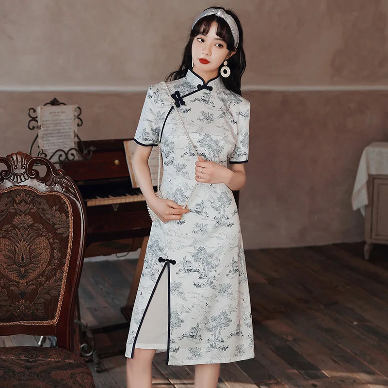 

Vintage Button Women Qipao Half Sleeve Chinese Traditional Mandarin Collar Cheongsam Evening Party Dress Large Size 3XL