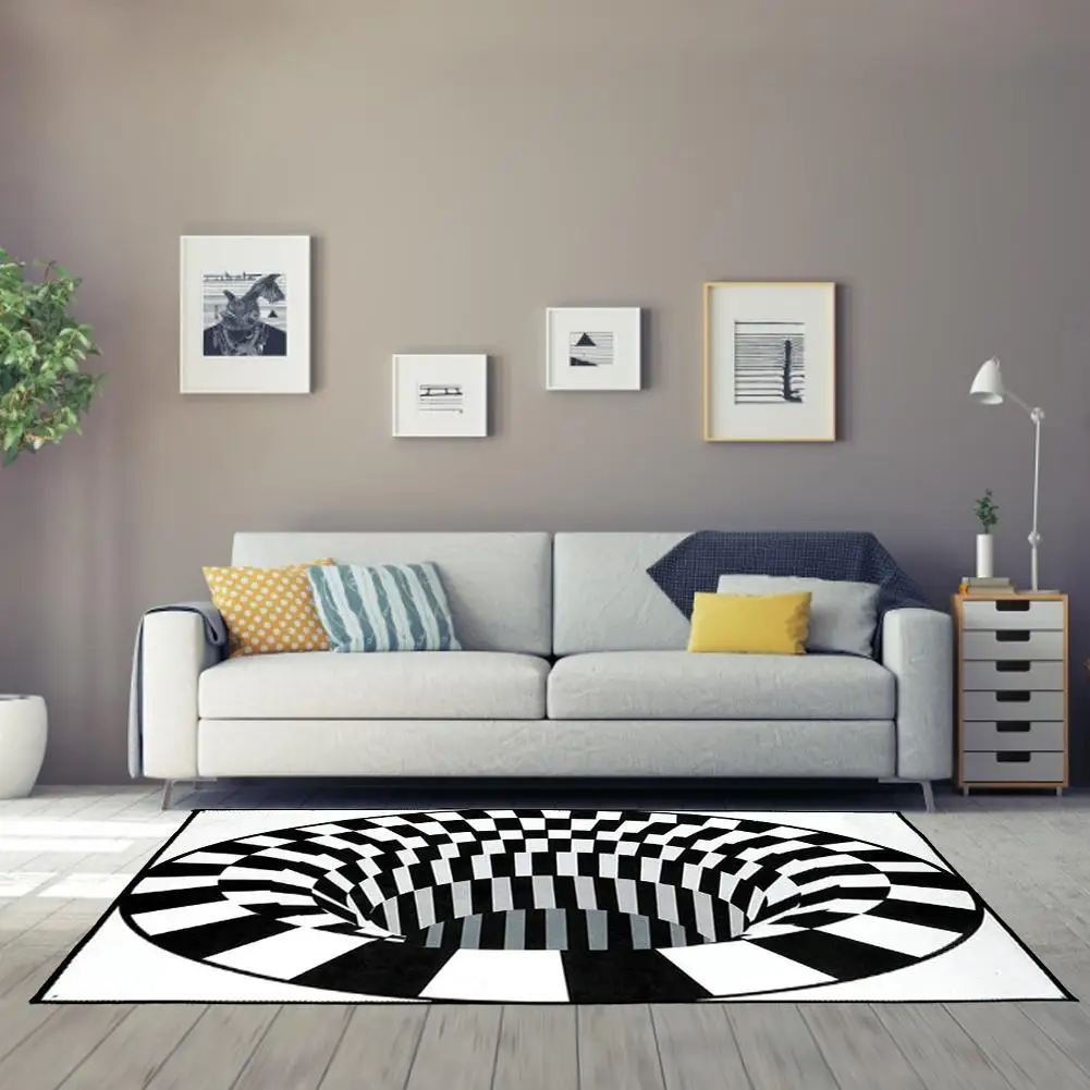 

3D Swirl Visual Illusion Carpet Black White Grid Bottomless Hole Floor Mat Non-slip Soft Pad Fiber Rugs Living Room Decor