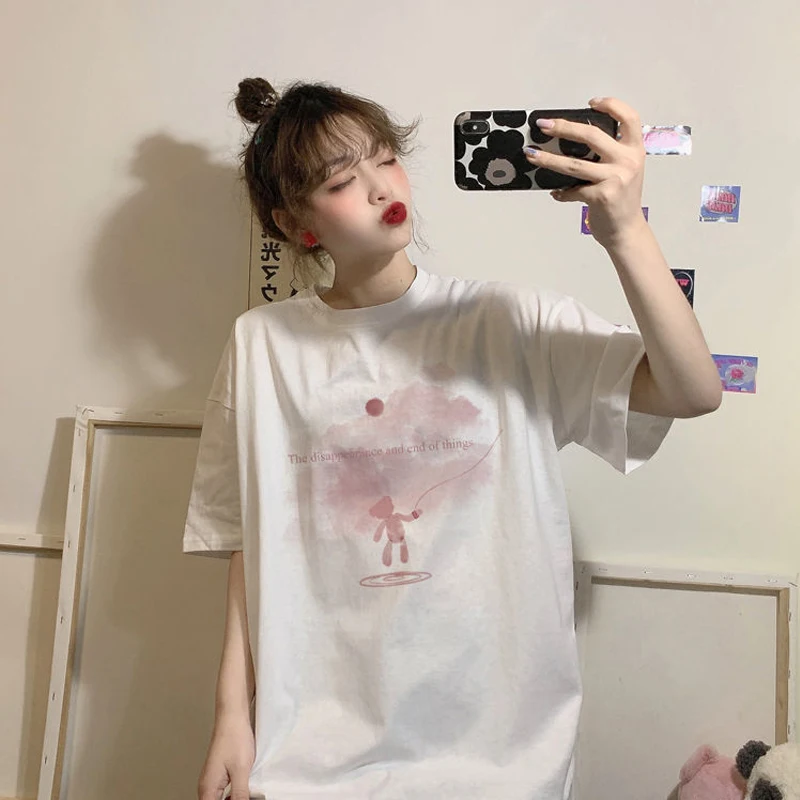 

Футболка женская оверсайз с коротким рукавом, повседневная Готическая Милая Свободная белая рубашка в стиле Харадзюку, в стиле аниме, y2k, ле...