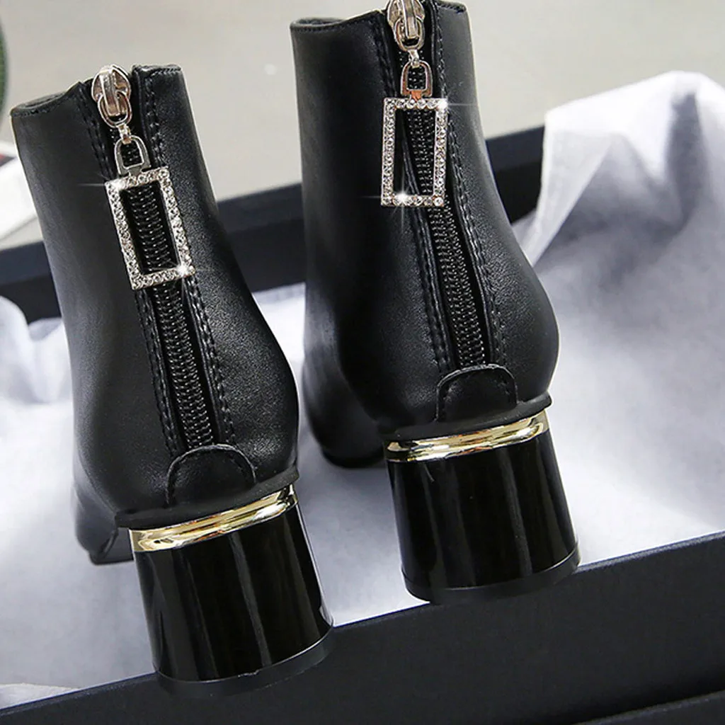 

Fashion zipper round head leather shoes ladies ankle boots plus velvet large size short boots thick with boots