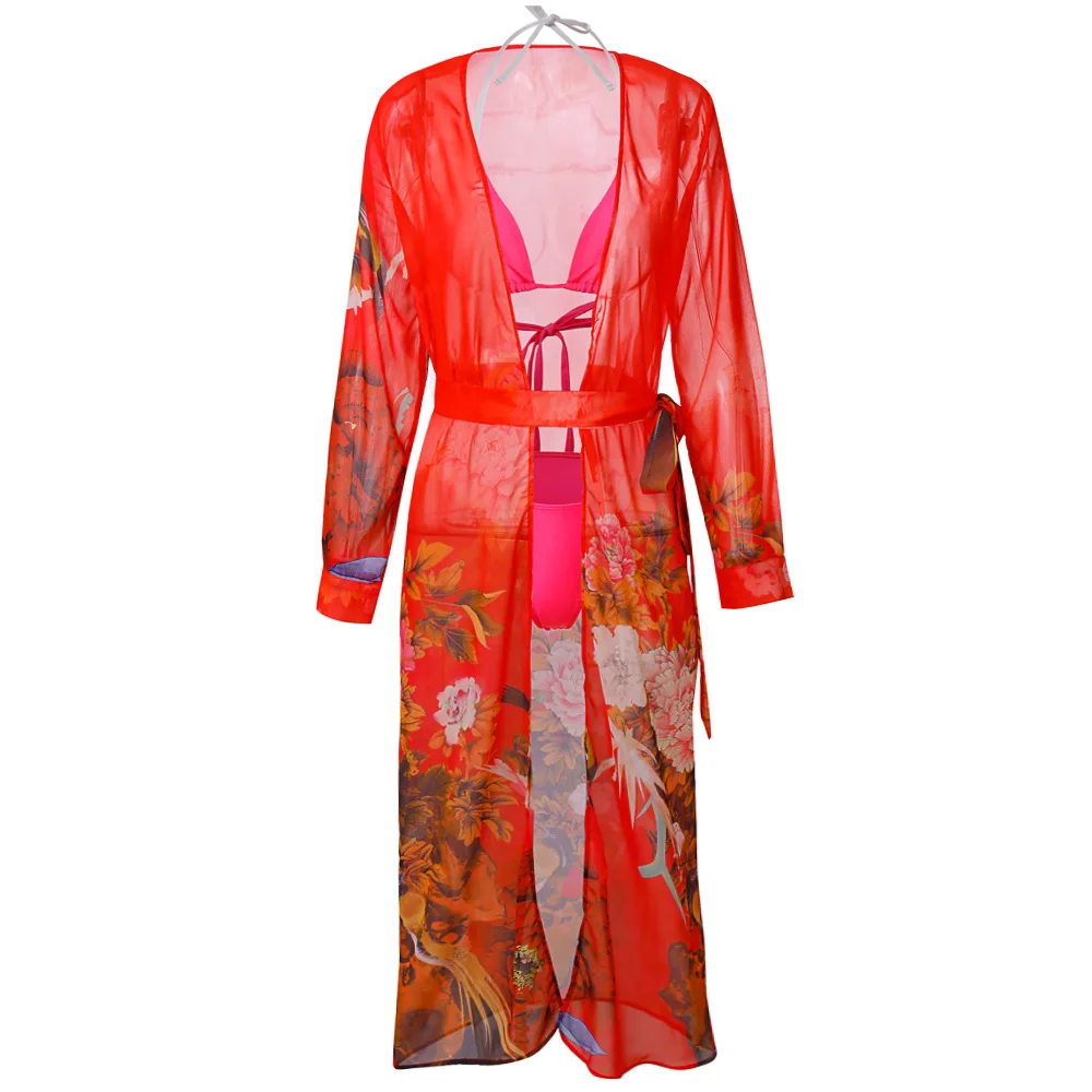 

New V Neck Sexy Bikini Set Micro Bikini Three Pieceset Swimsuit Printed Long Sleeve Long Coat + Solid Sexy Bikini Set