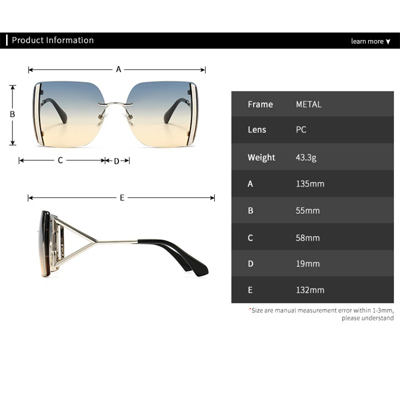 

Gradient Shades For Women Oversized Square Brand Metal Frame Vintage Sunglasses Woman 2020 Big Frame Female Glasses