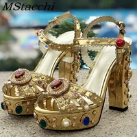 women chunky high heels shoes platform sandals for women rhinestone metallic gold leather shoes woman peep toe wedding shoes
