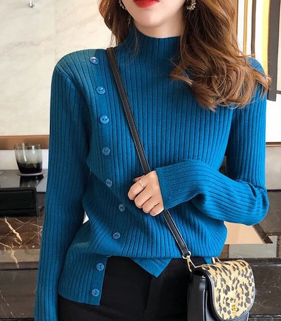 

New women's high neck sweater bottoming shirt slim Button decoration pullover outer