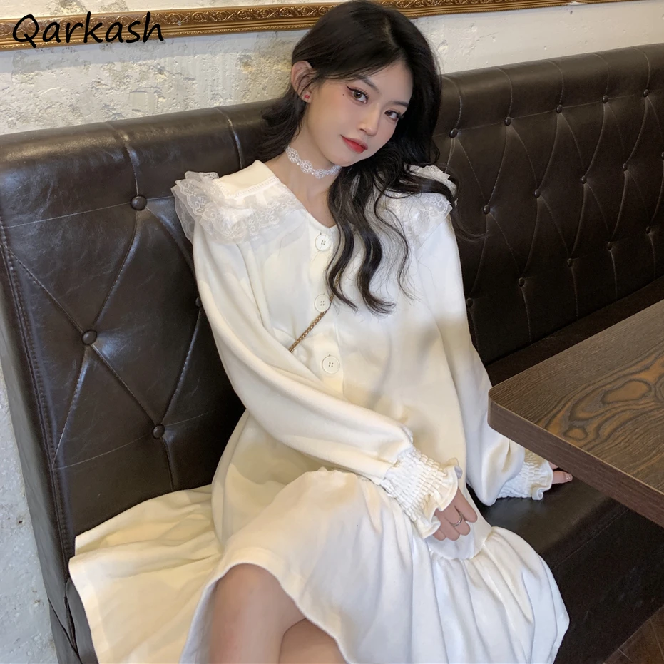 

Женские платья с длинным рукавом, однотонные милые кружевные свободные платья с круглым воротником для девочек в японском стиле, нежные пов...