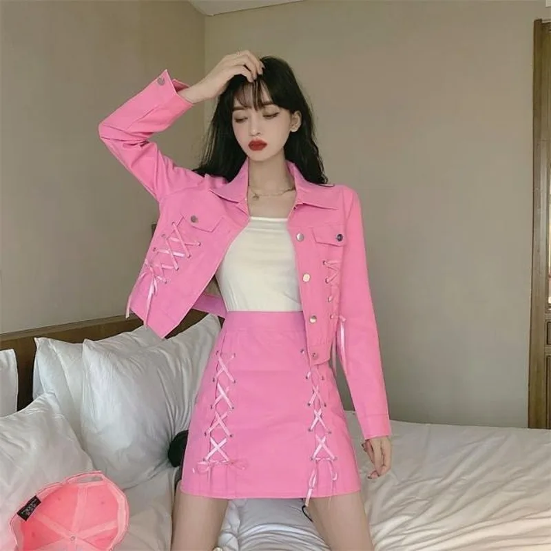 2021 Spring Autumn Women Korean Fashion Two-piece Set Bandage Short PU  Jacket + High Waist Leather Skirt Two-pieces Suit Y297