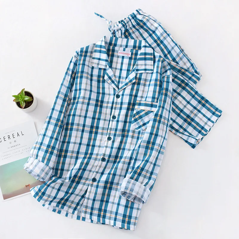 Мужской Хлопковый марлевый клетчатый Пижамный костюм осенняя тонкая пижама с