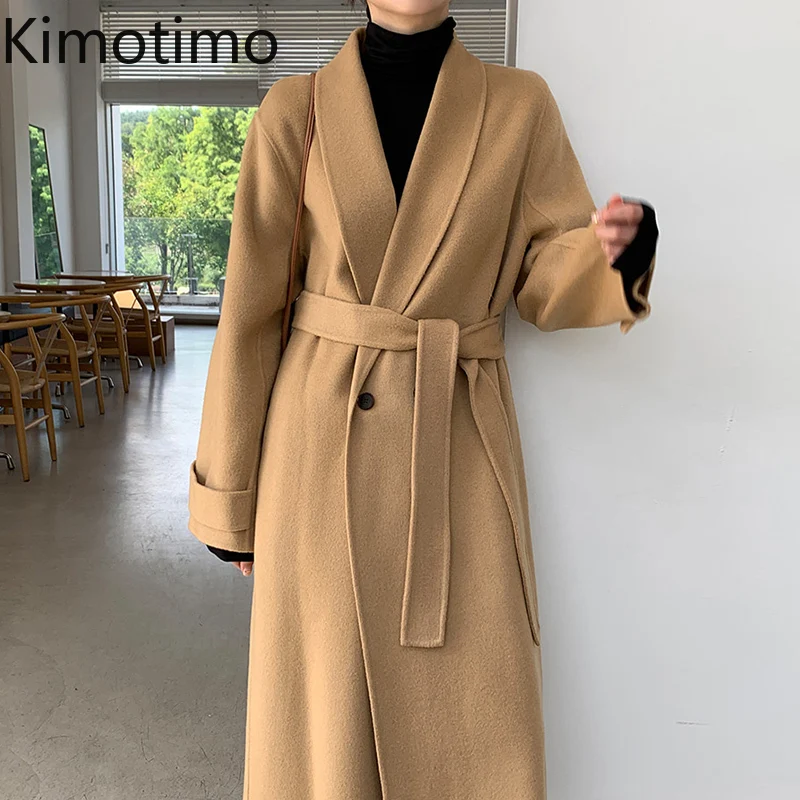 

Женское шерстяное пальто Kimotimo, элегантное двубортное пальто с отложным воротником и поясом, в Корейском стиле на осень и зиму