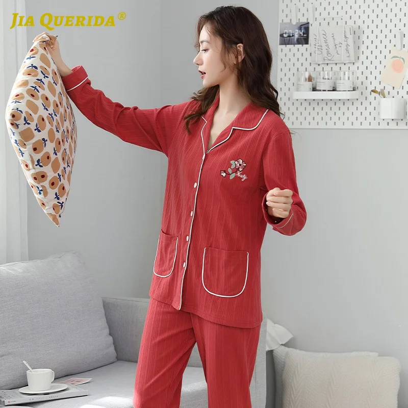 

New Solid Long Sleeve Long Pants Pj Set Pajamas Set Turn Down Collar Homesuit Homeclothes Front Pocket 100% Cotton Elegant