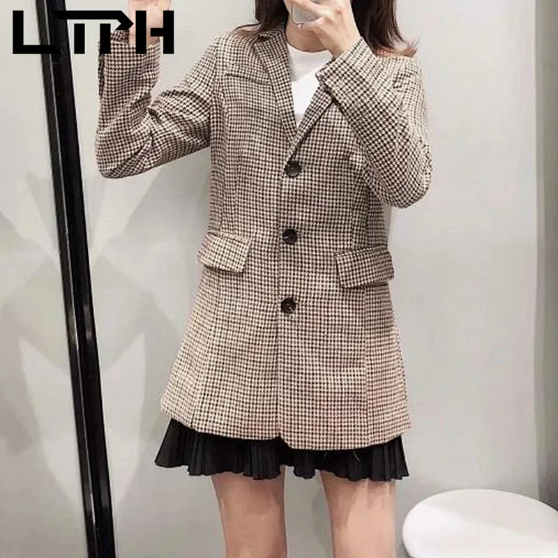 

LTPH корейский клетчатый пиджак, однобортный, винтажный, Деловой, Повседневный, Женский блейзер с карманами, костюм, пальто, 2021, осень, зима, но...