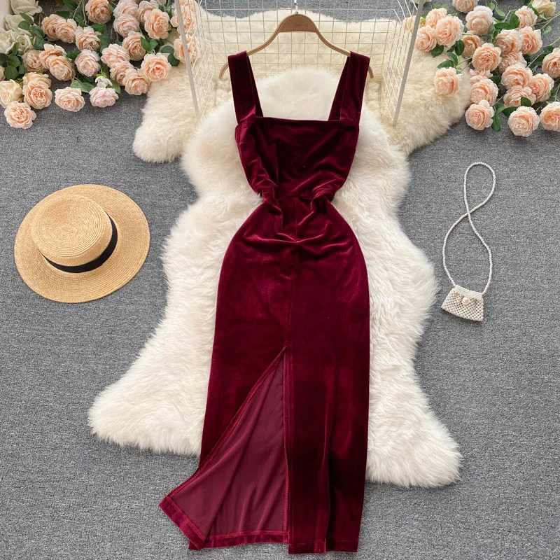 

Vintage Velvet Dress Women Elegant Square Collar Spaghetti Strap Sleeveless Long Party Robe Sexy High Split Evening Club Dresses