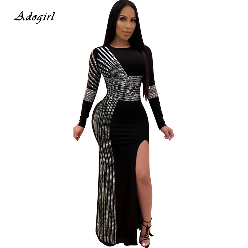 Adogirl бриллианты вечерние платья сексуальные с длинным рукавом высоким разрезом
