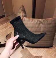 Drop Shipping Black Bling Sequined Pointed Toe Ankle Boots Woman Sexy 7/9 CM Stiletto Heels Party Short Socks Booties Shoes