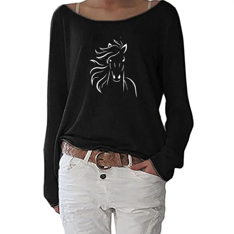 Женская футболка с длинным рукавом и принтом лошади|Футболки| |