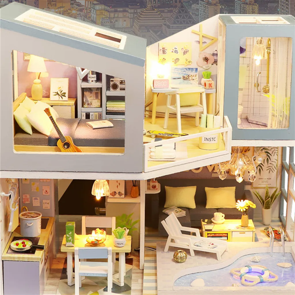 Деревянный миниатюрный кукольный домик сделай сам кухня миниатюрная вилла