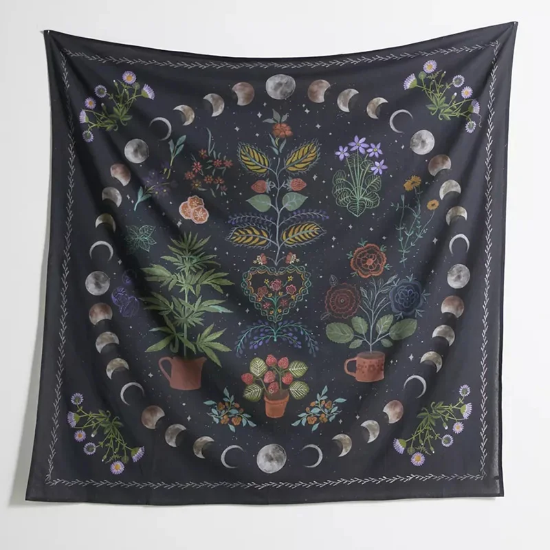 

Moon Phase Tapestry Wall Hanging Botanical Celestial Floral Wall Tapestry Hippie Flower Wall Carpets Dorm Decor Starry SkyCarpe