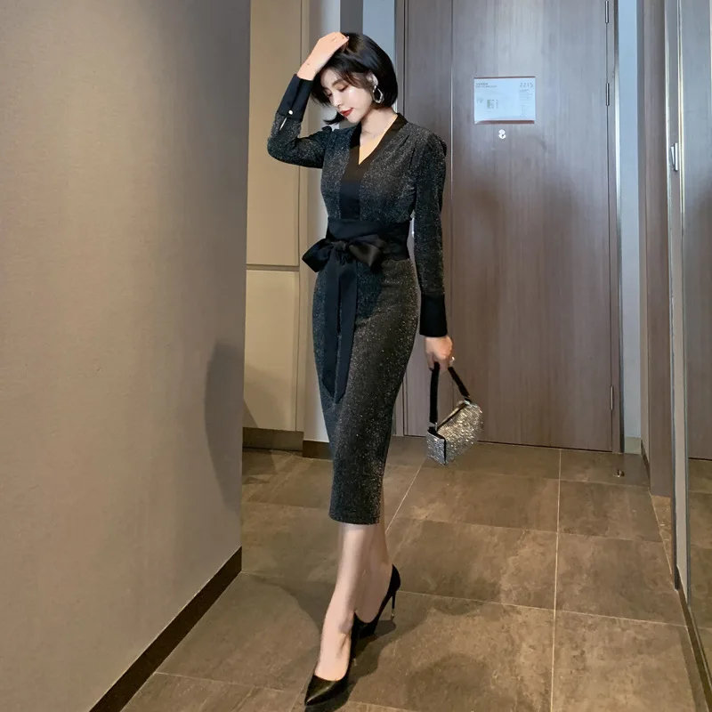 

Women 's Knitted Dress Arm Wrap Slim Temperament V-neck Bright Silk Lace Up, Zipper Office Lady Full Spandex Sheath Solid