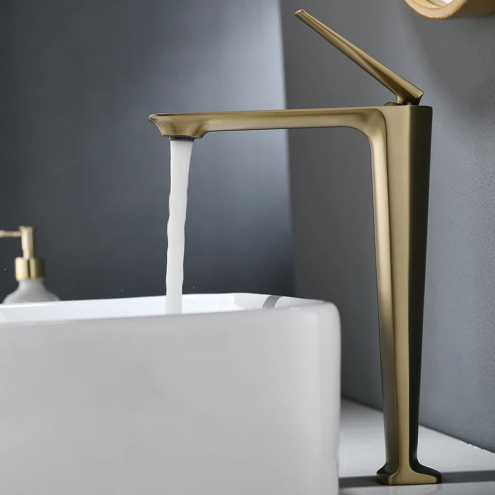 

SKOWLL Brushed Gold Bathroom Sink Faucet Tall Slim Bathroom Washbasin Taps Deck Mounted Basin Faucets Sink Mixer Tap SK-16002