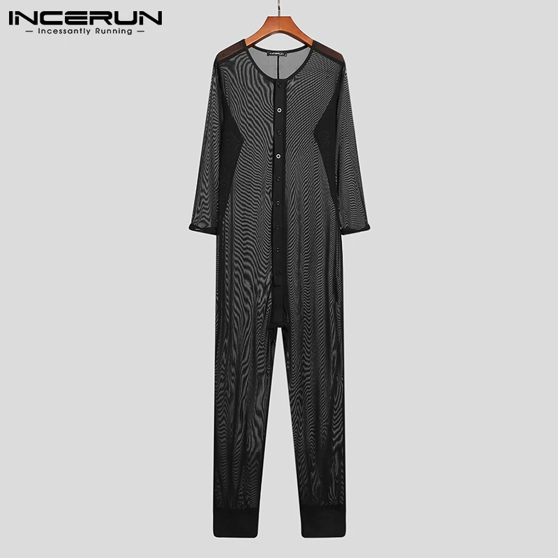 

Men Mesh Pajamas Jumpsuits See Through Homewear Breathable O Neck Long Sleeve Sexy Rompers Button Men Nightwear Playsuit INCERUN