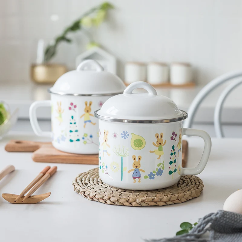 

Cartoon Extra Thick Enamelled Cup with Lid Large-Capacity Water Cup Milk Cup Mug Instant Noodle Cup Lard