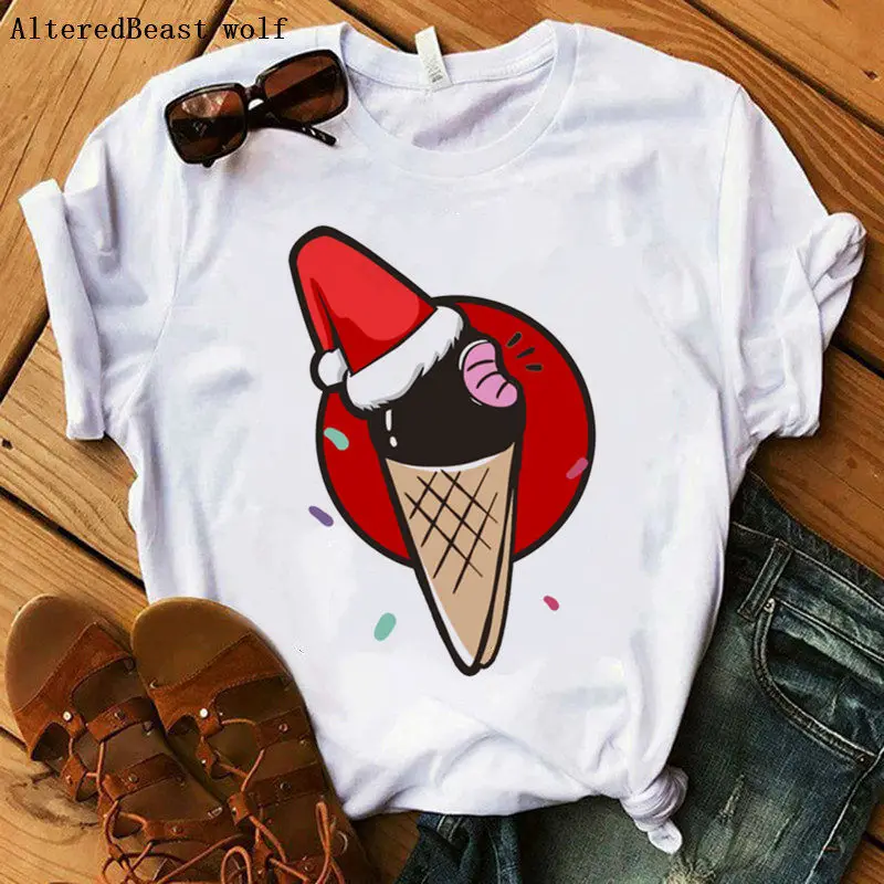 

Ice Christmas Cream T-Shirt Print christmas T Shirt Women Short Sleeve Christmas clothes t shirt Women white Tops Casual tshirt