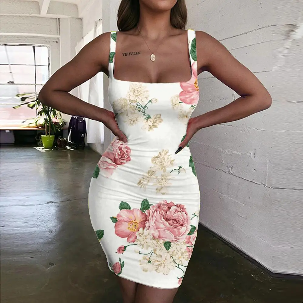

Женское облегающее платье с цветочным принтом, без рукавов