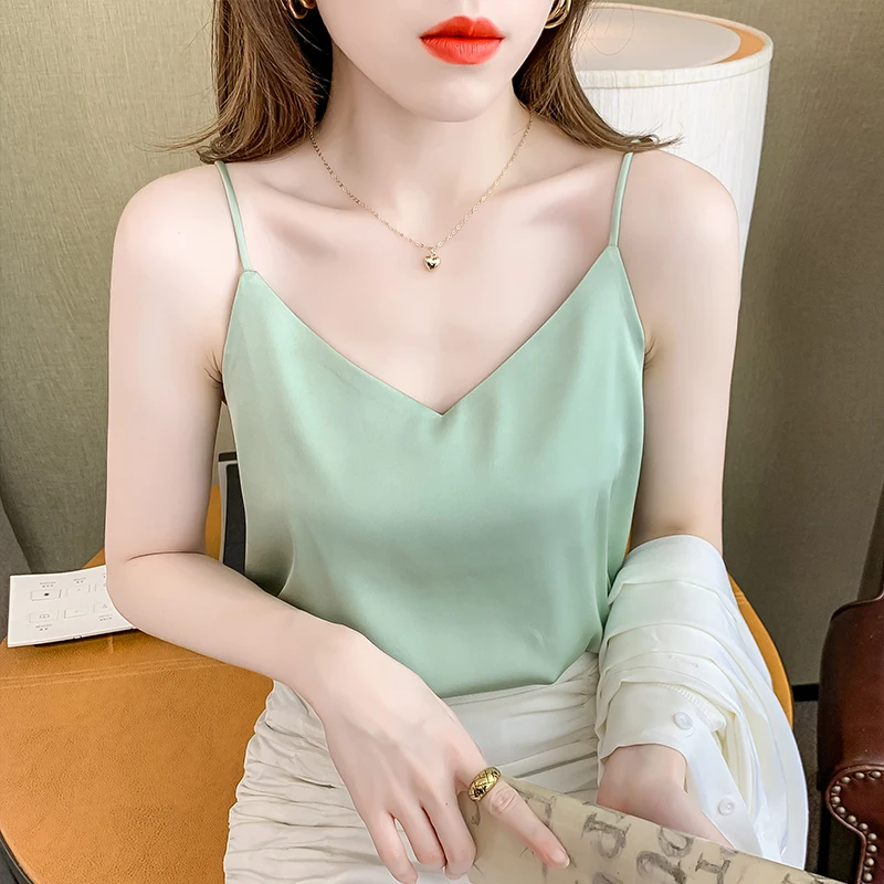 

Korean Fashion SATIN Tank Top Women Office Lady Cami Top Streetwear Green Women Spaghetti Strap Tank Top Ropa De Mujer