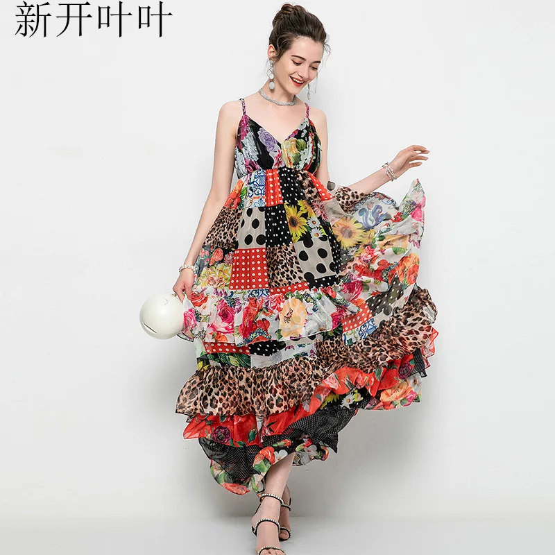 

Red Splicing Leopard Floral Summer Girls Sling Dresses Women Long Casual Sexy Office Work Robe Femme Bohemian Dress Plus Size