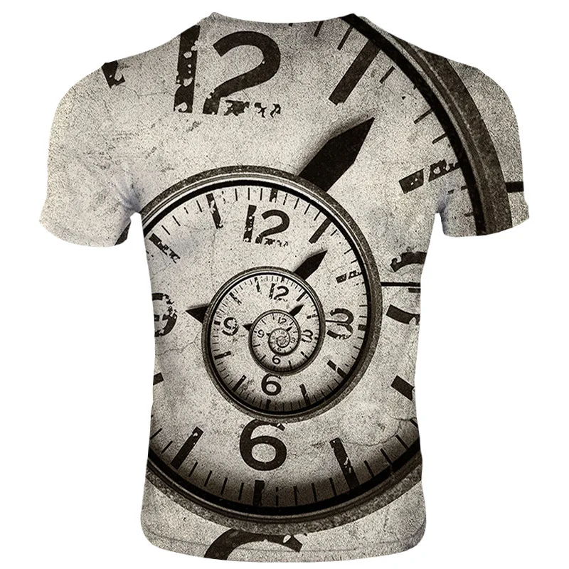 

2021 summer new men's T-shirt 3D time clock graphic print T-shirt casual round neck hip-hop short sleeve