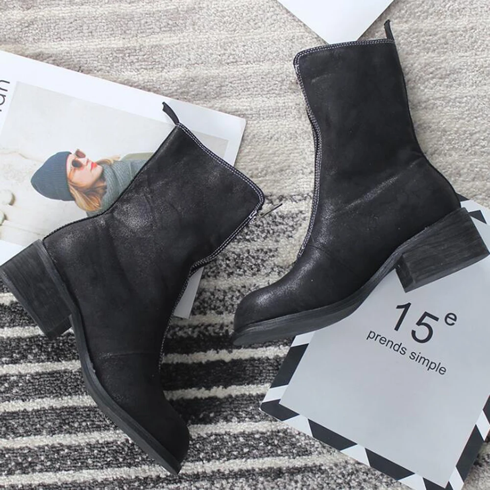 

Winter New Fashion black Women Boots Front zipper Ankle Boots for women British style Thick heel Boots Autumn Female Shoes a182