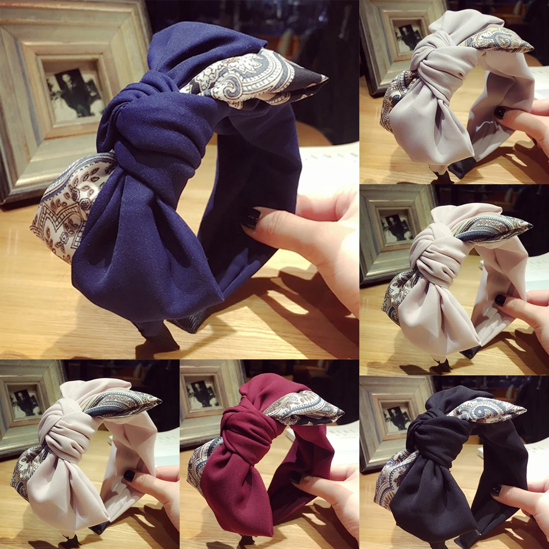 

Bowknot Headband Solid Color Floral Splicing Cross Knot Non Slip Design Wide Hair Hoop Women Headwear Multipurpose Headband