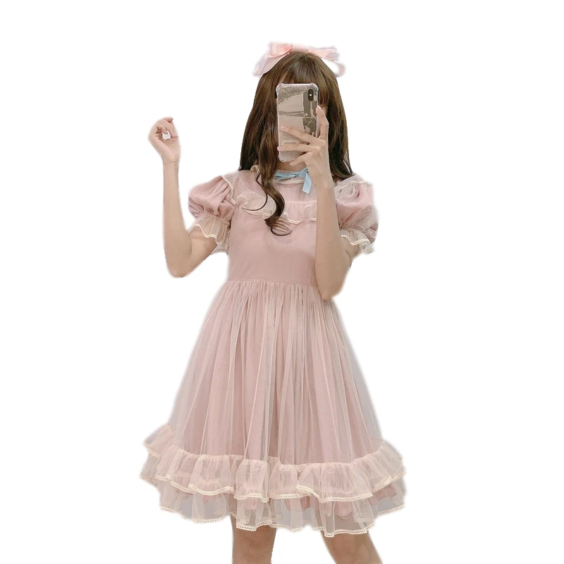 

Summer Japanese Lolita Lace Pink Dress Teenage Girls Soft Cute Ruffle Women Short Sleeve A-Line Princess Party Mesh Mini Dresses