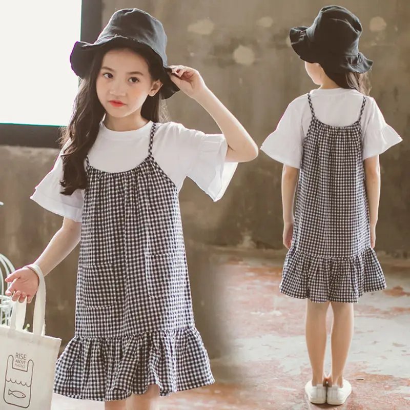Summer Girls Clothes Plaid Skirts Two Pieces Casual Party Kids Suits Short Sleeve Tops Teenage Girl Clothing 8 10 12 14 years |
