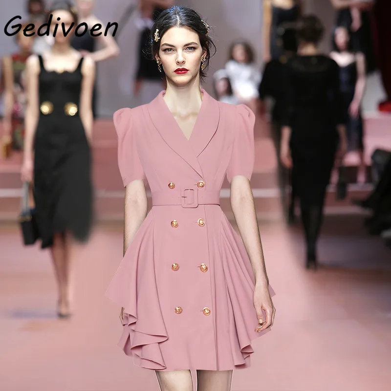 

Женское модельное короткое платье Gedivoen, летнее уличное платье с отложным воротником и поясом, двубортное розовое мини-платье